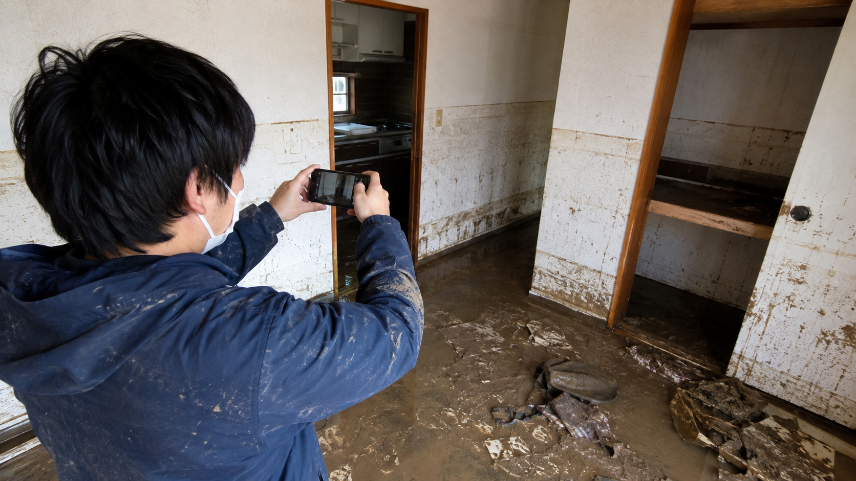 浸水した住まいで片付け前に水位跡と被害状況をスマートフォンで記録する様子