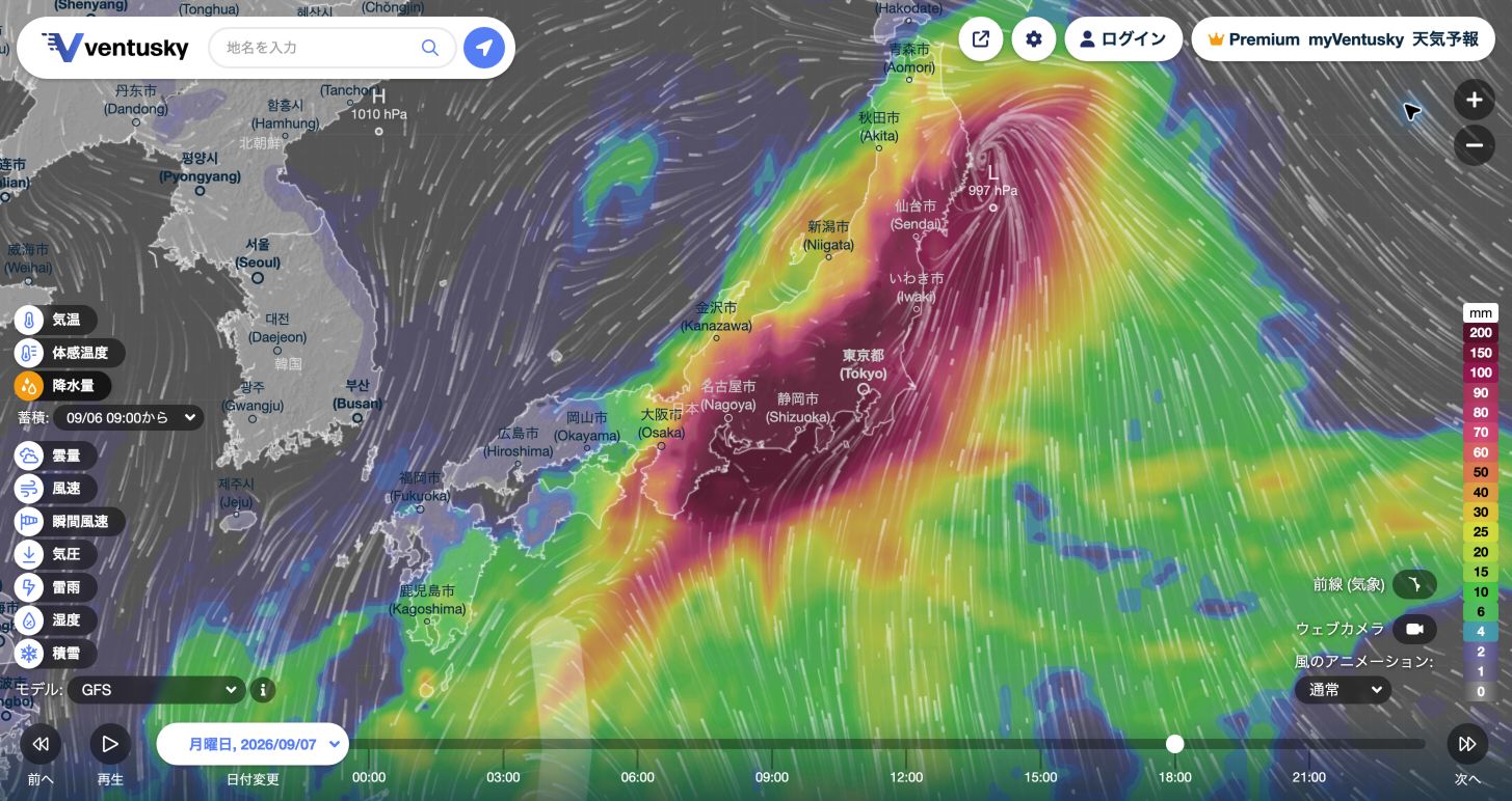VentuskyのGFSモデルによる2026年9月6日9時から7日18時までの日本付近の積算降水量予測図