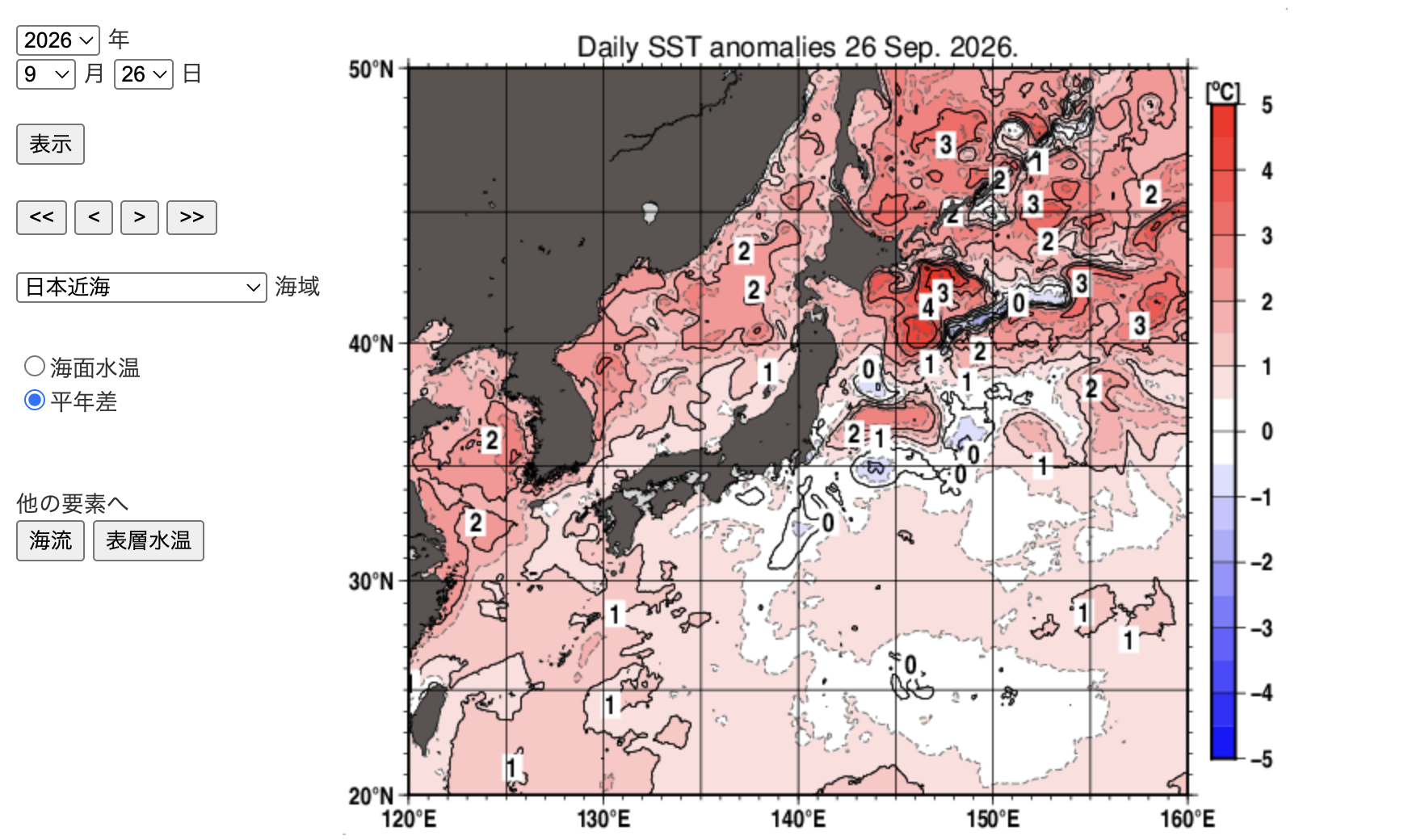 日本近海の日別海面水温の平年差。2026年9月26日