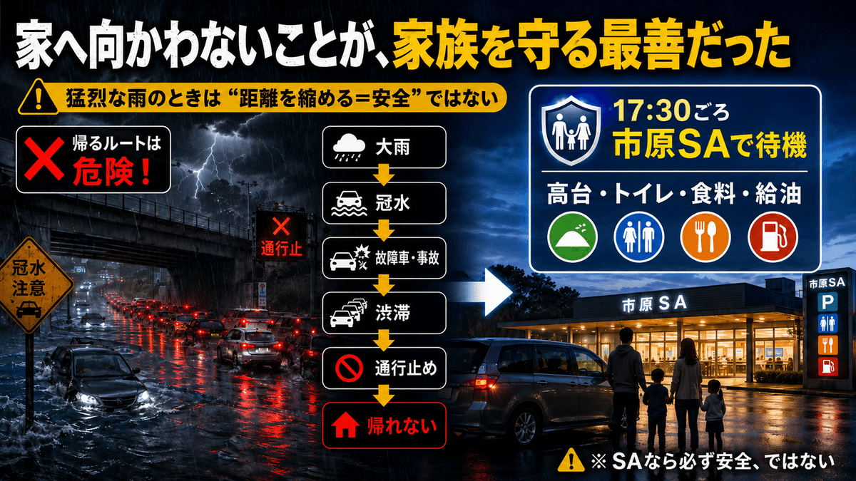 市原サービスエリアで待機し帰宅をやめた判断を整理した図