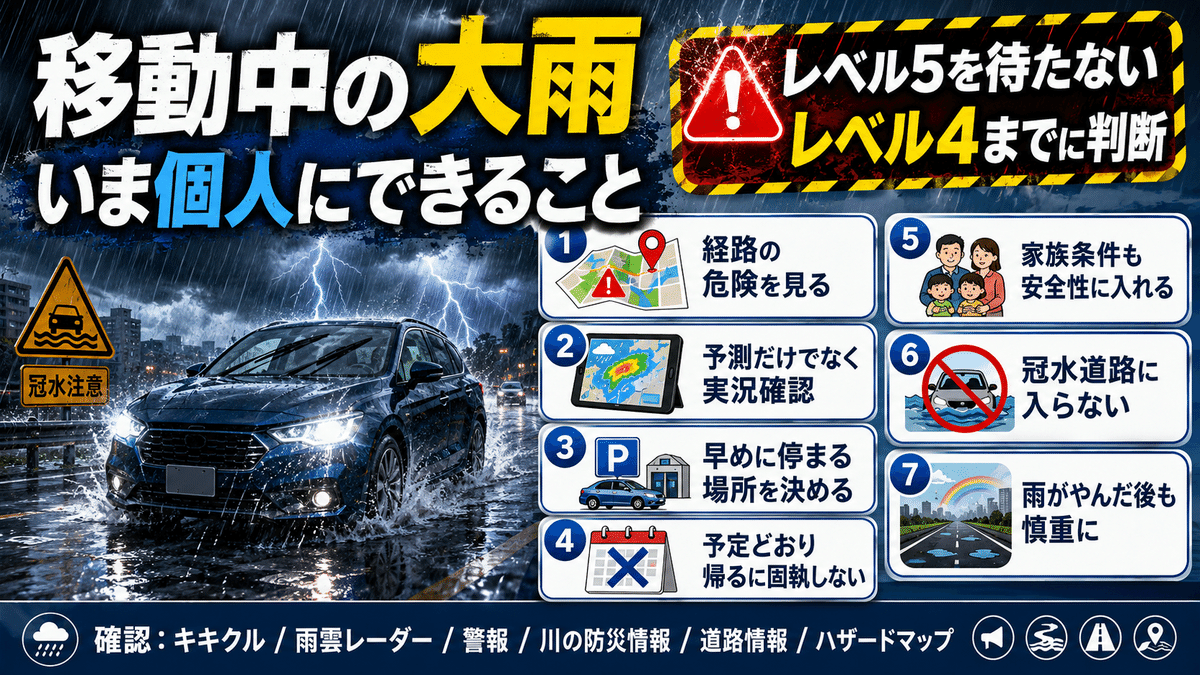 移動中の大雨でレベル5を待たずレベル4までに判断するための行動を整理した図