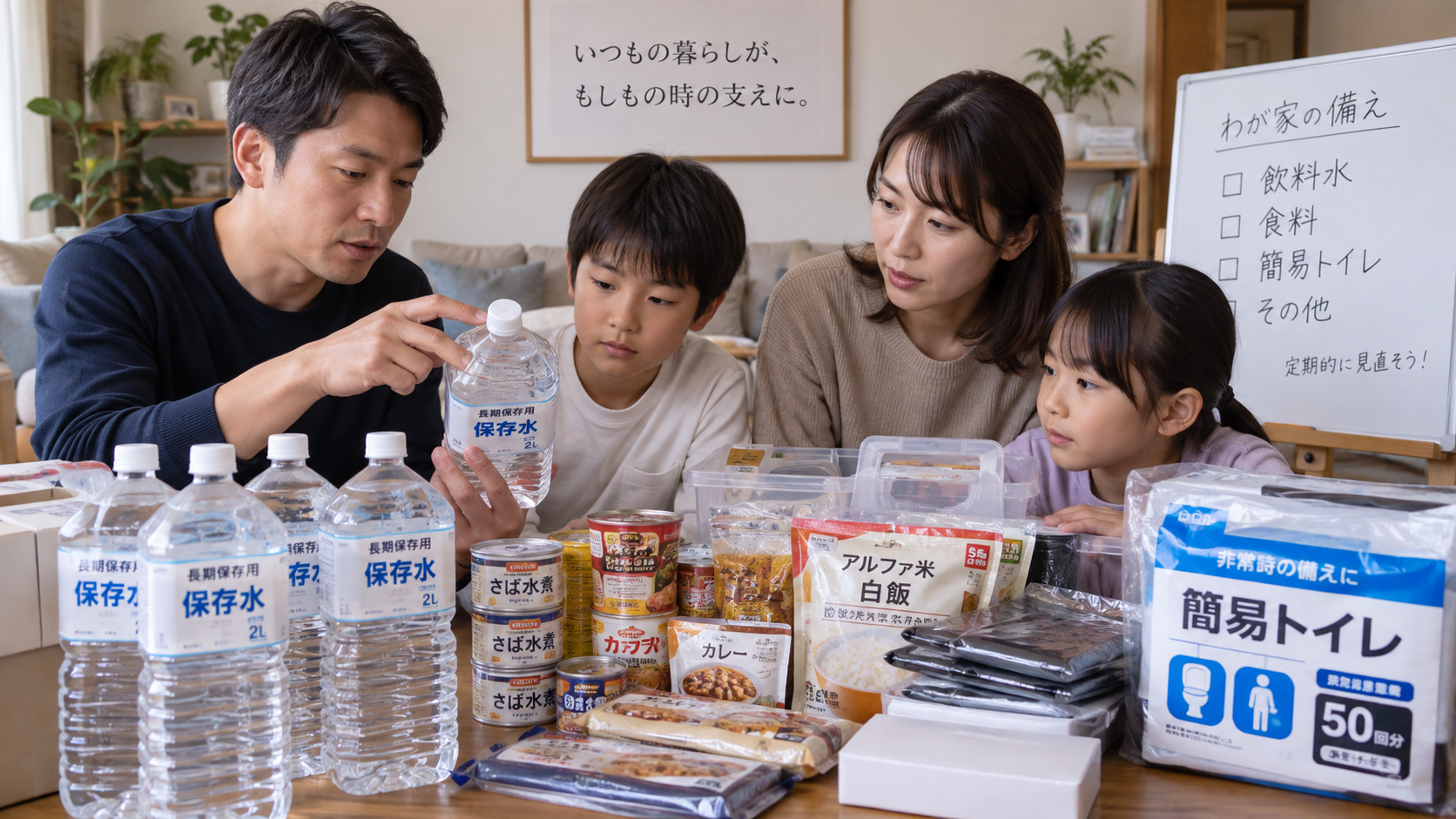 家族で飲料水、食料、簡易トイレの備蓄を確認する様子