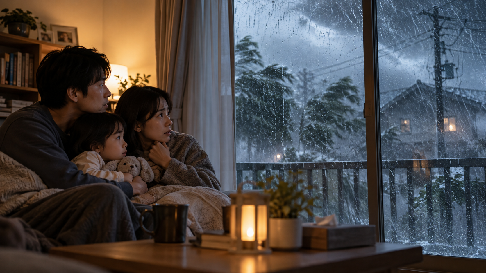 大雨時に家族で危険度と行動を確認する様子
