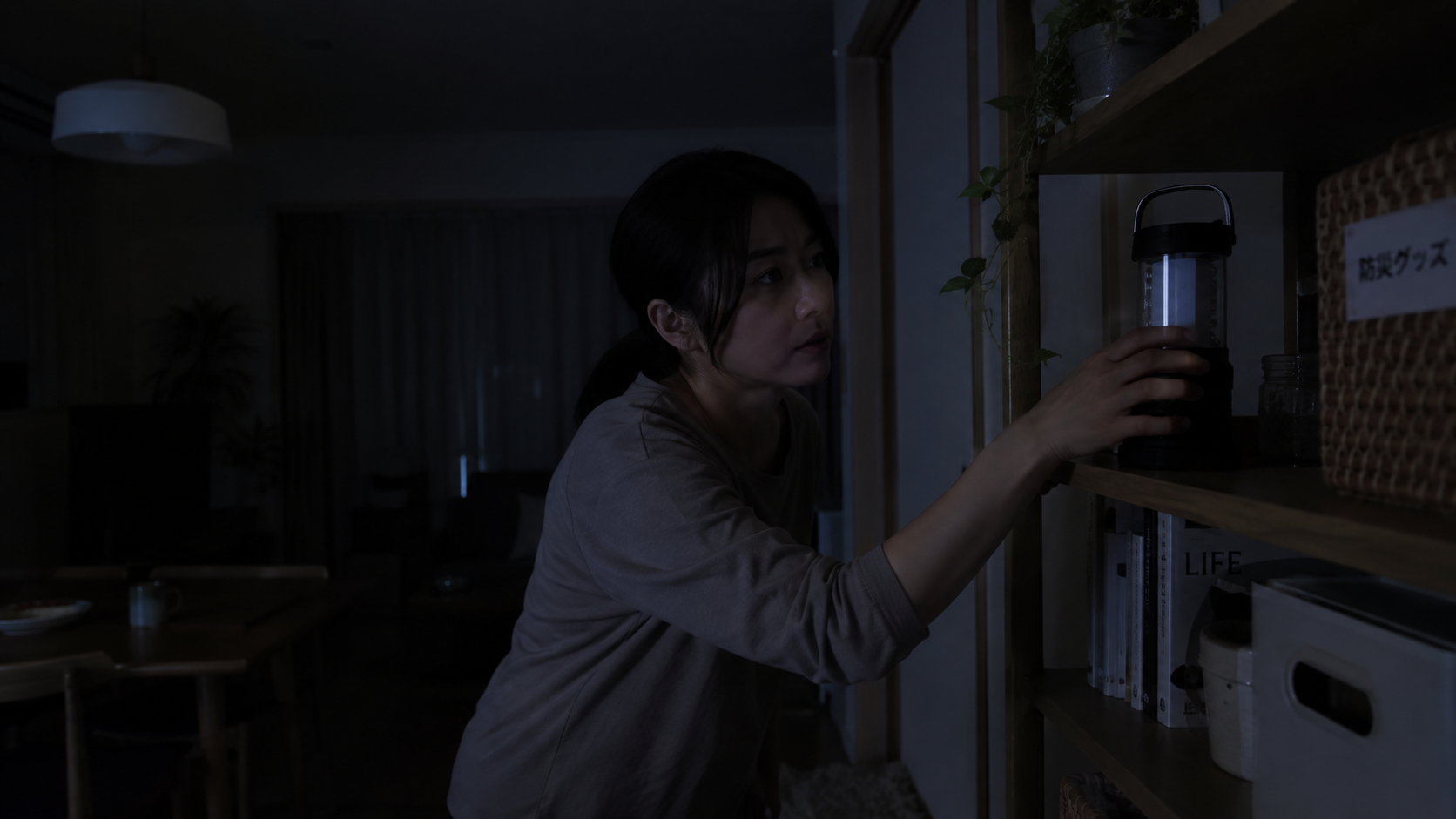 停電した室内で、決めた場所のLEDランタンを手に取る様子