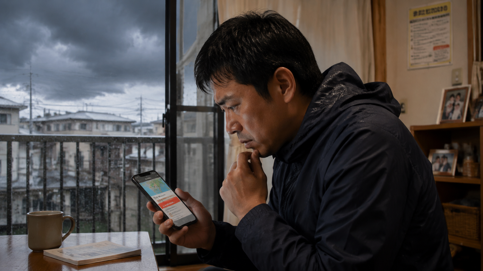 大雨が迫る中でスマートフォンの防災情報を確認するイメージ