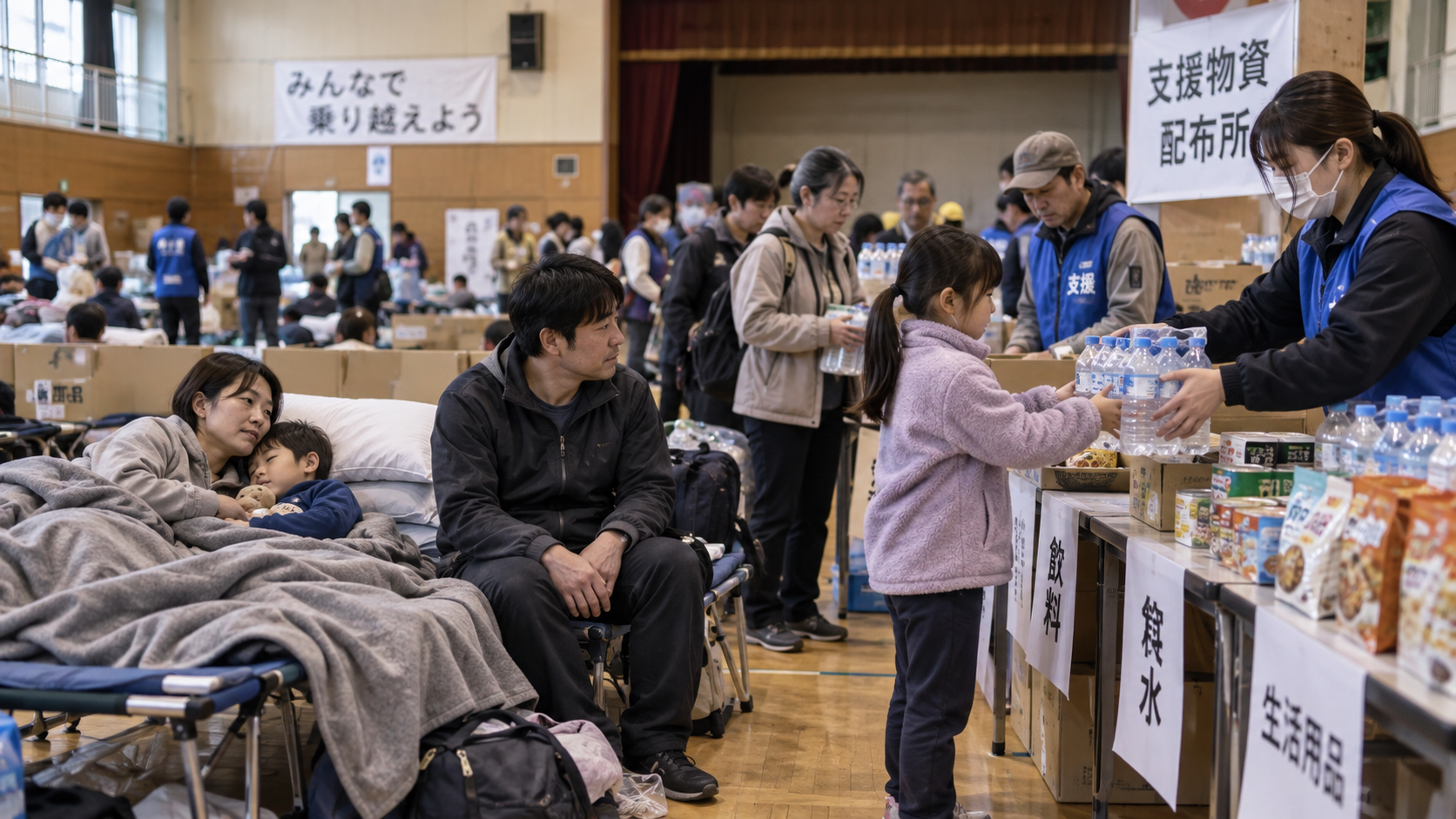 避難所で簡易ベッドを使い、支援物資を受け取る家族