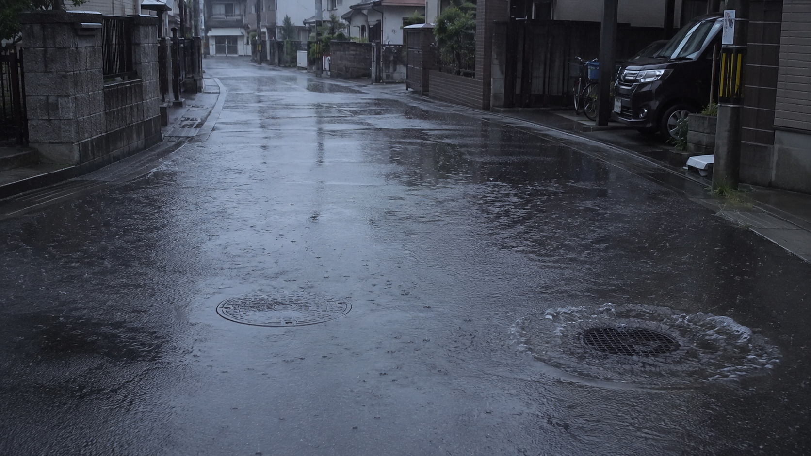 強い雨で住宅街の道路排水が追いつかず水がたまり始める様子