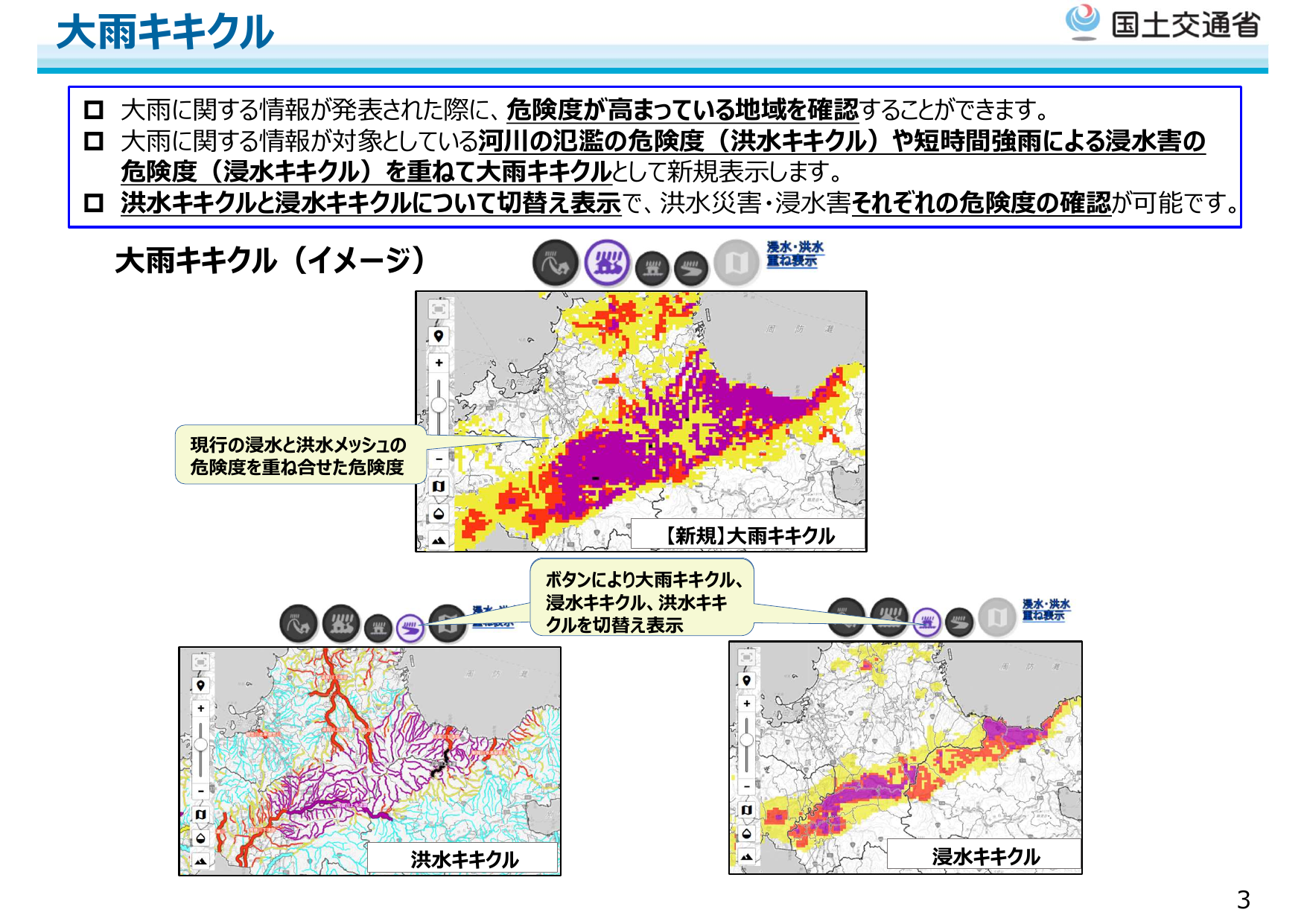 大雨キキクルで洪水・浸水の危険度を確認する仕組みを示した気象庁資料