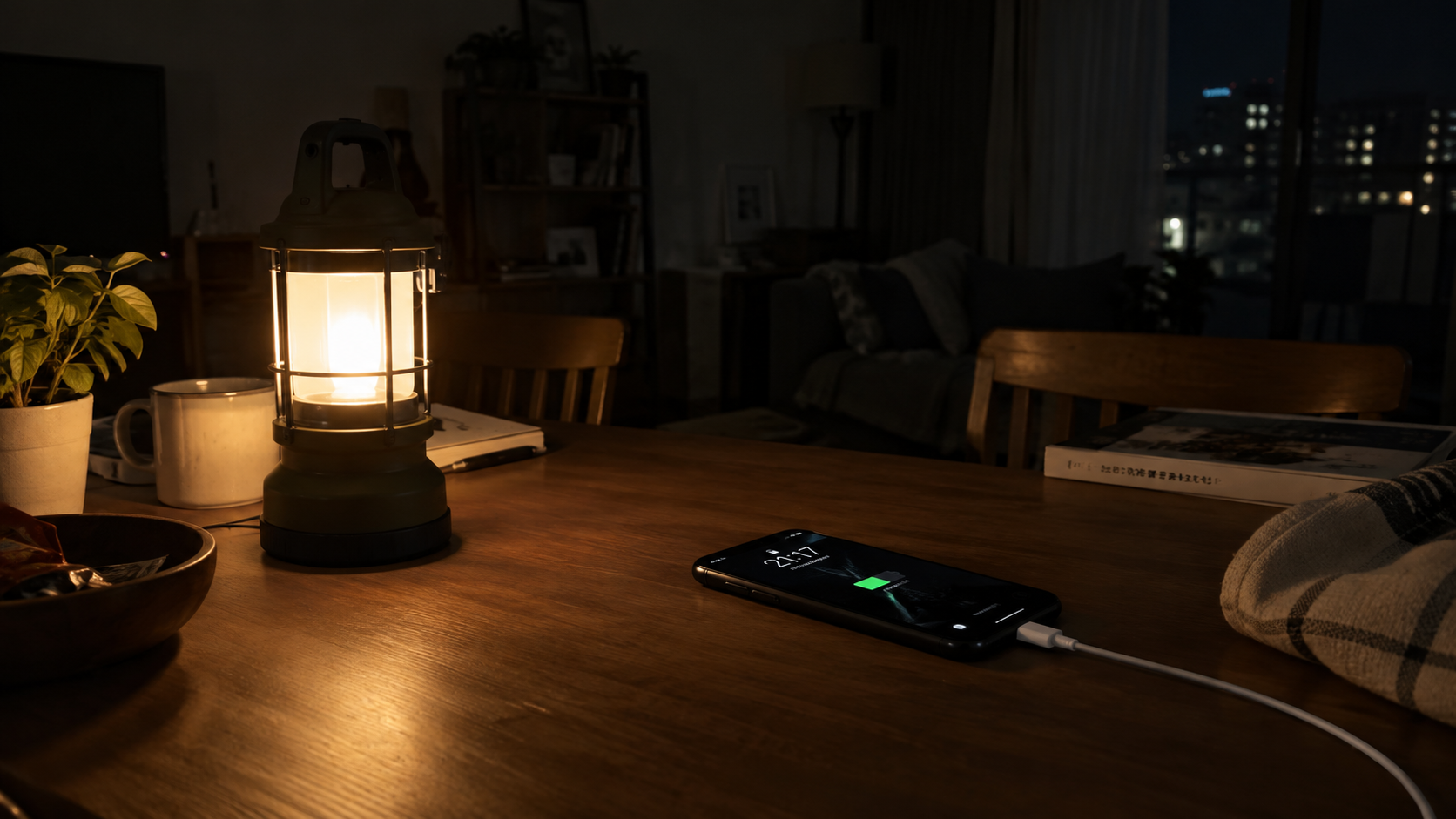 停電した夜、ランタンで照らした室内でスマートフォンを充電する場面