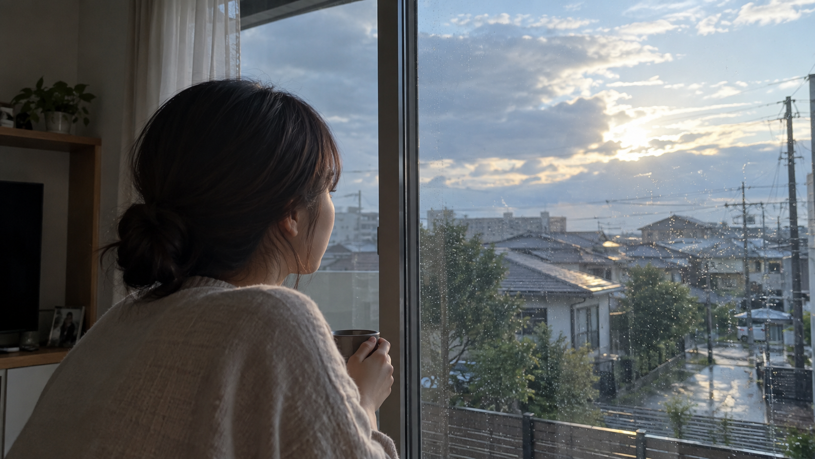 雨がやんだあとも室内から外の様子を確認する人