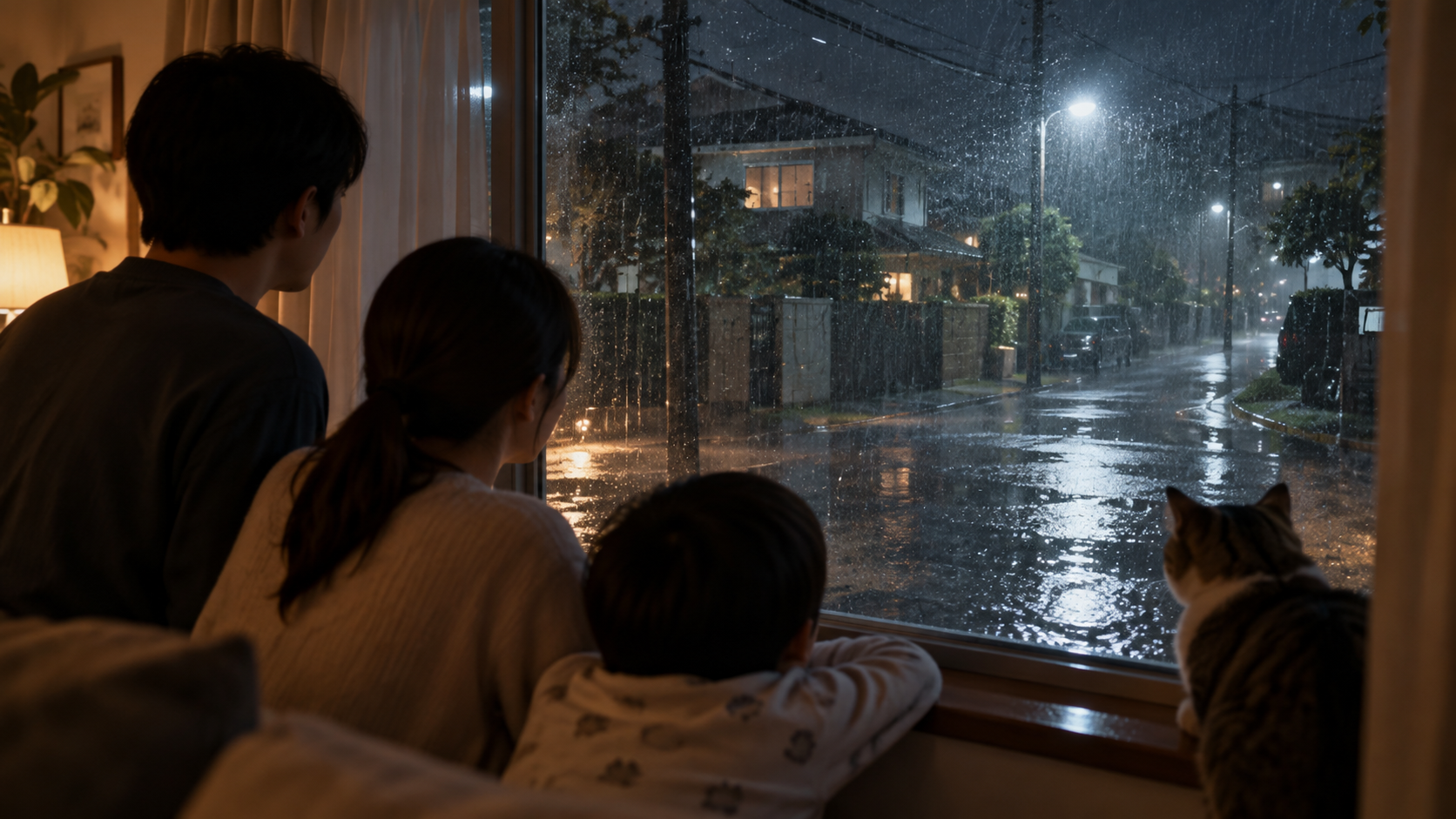深夜、窓越しに強い雨と道路の水たまりを見つめる家族
