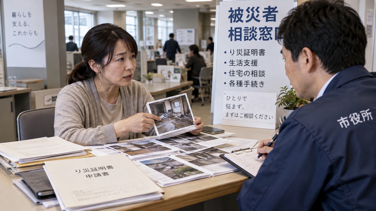 被害写真と書類を持ち、相談窓口で生活再建の困りごとを伝える場面。