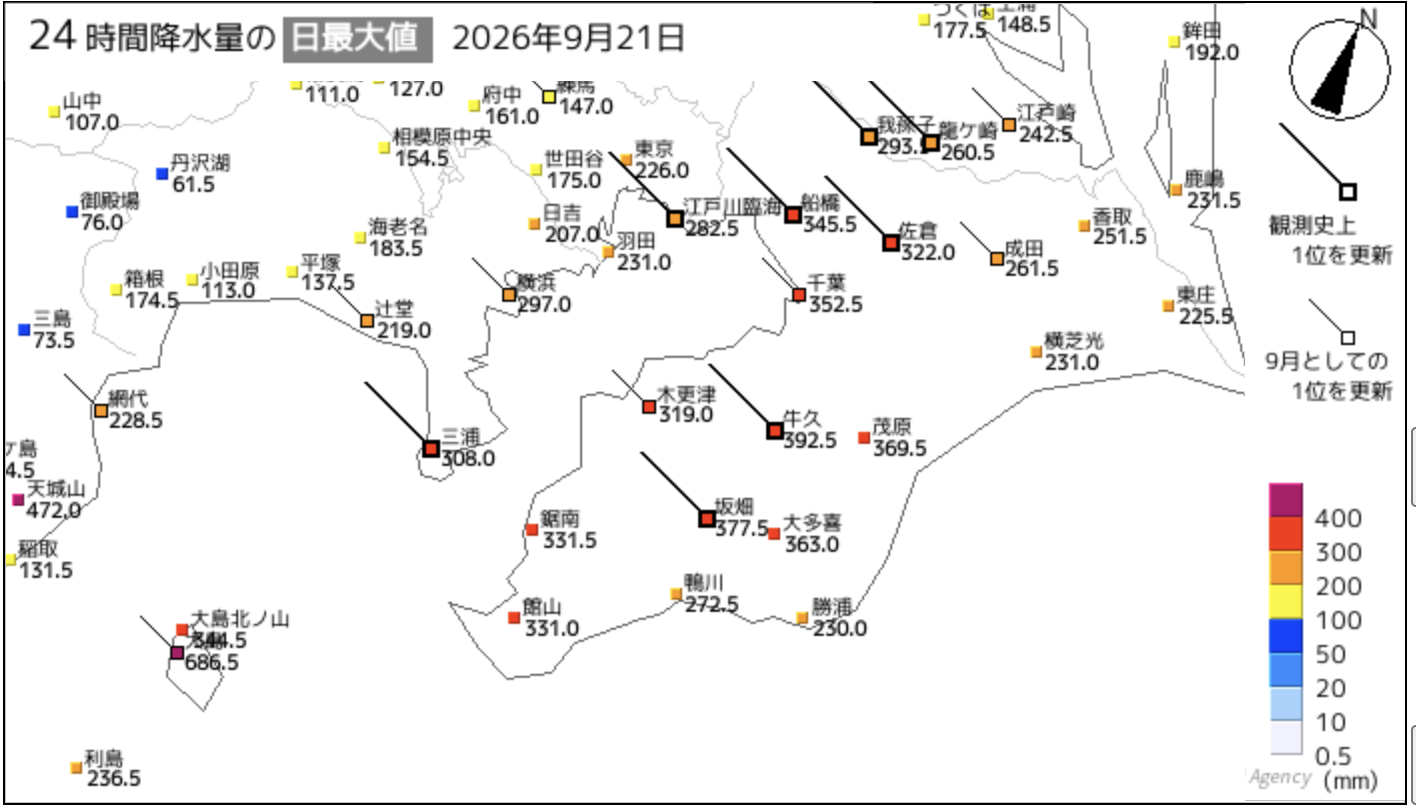 2026年9月21日の24時間降水量の日最大値