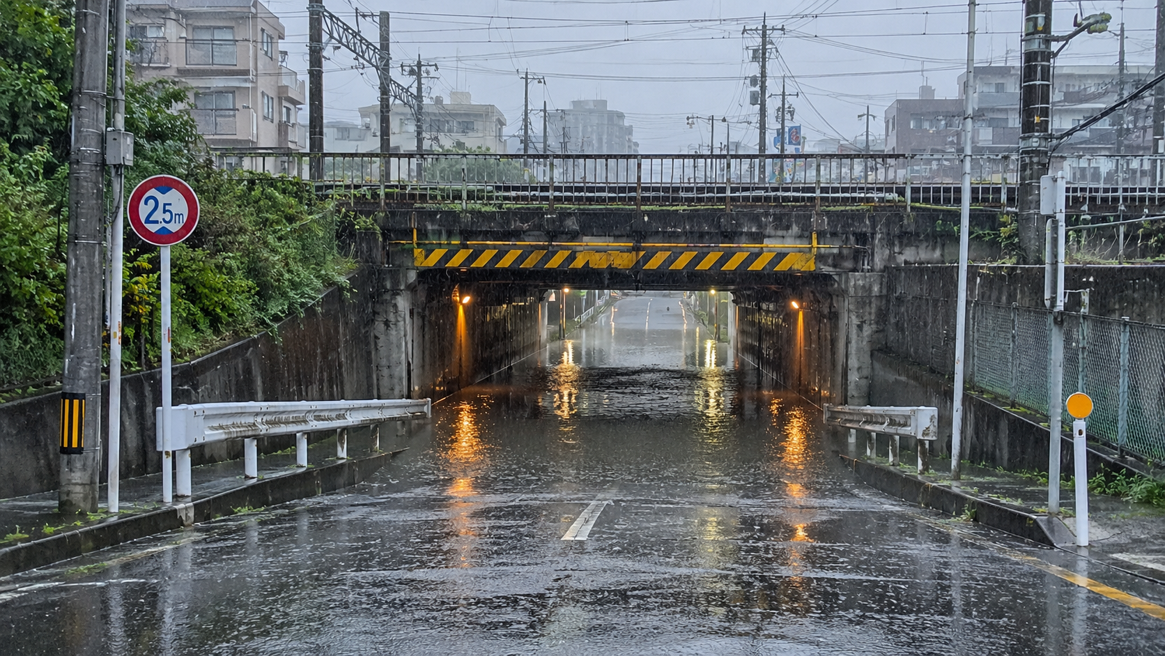 大雨で冠水したアンダーパス