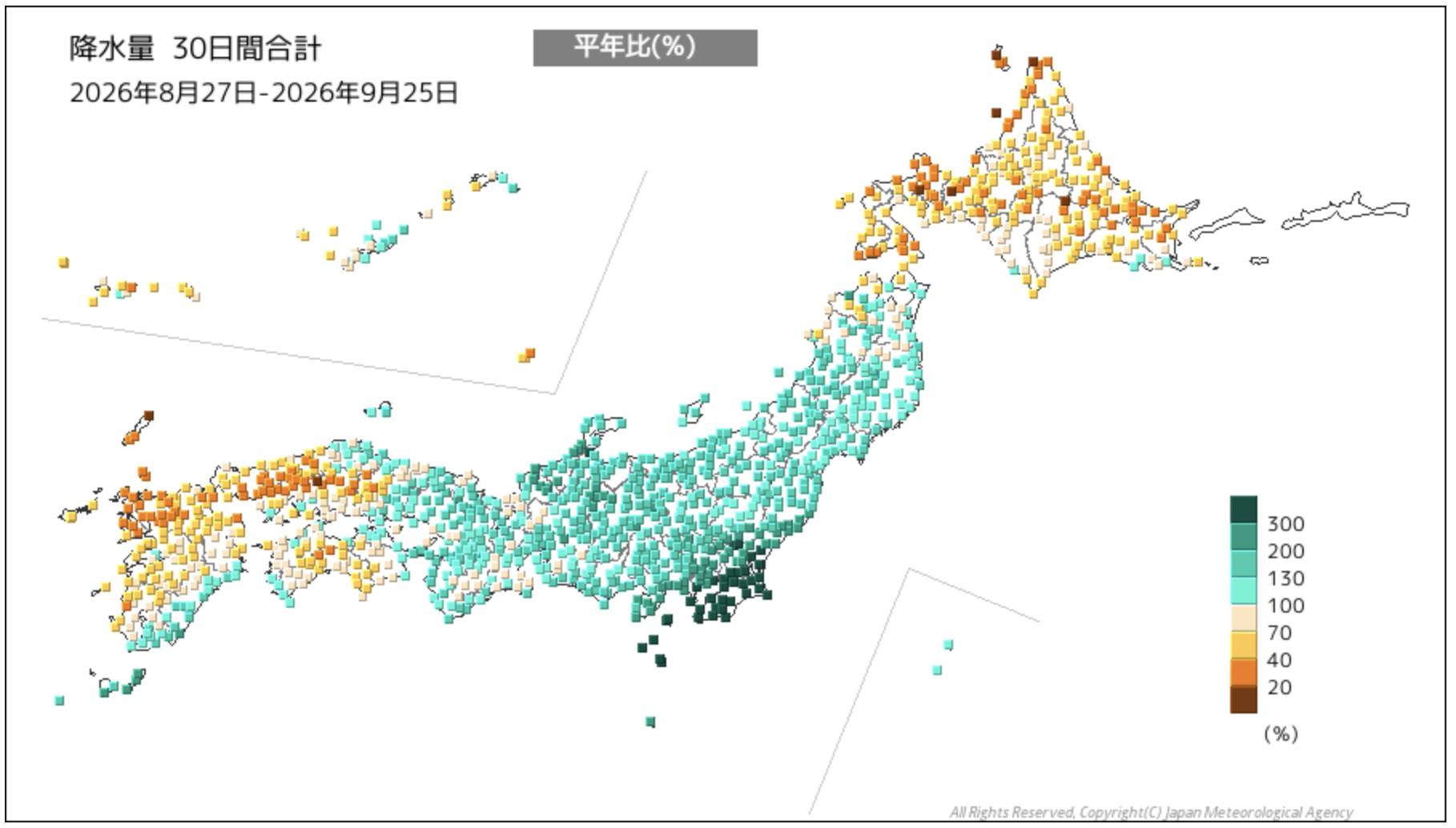 2026年8月27日から9月25日までの30日間の降水量の平年比。関東南部から伊豆諸島にかけて、平年の300%を超える地点が集まった