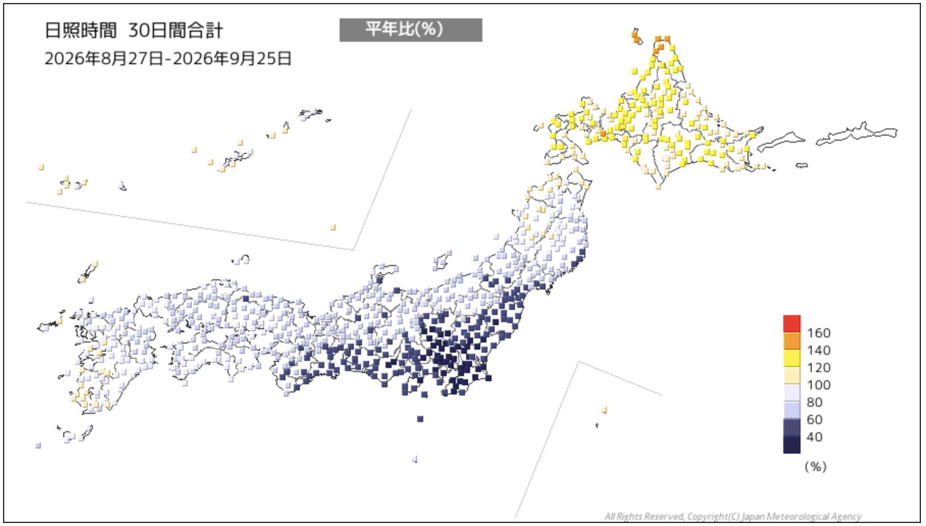 同じ30日間の日照時間の平年比。関東から東海の太平洋側で平年の40%に届かない地点が並び、北海道では120%を超える地点が多い