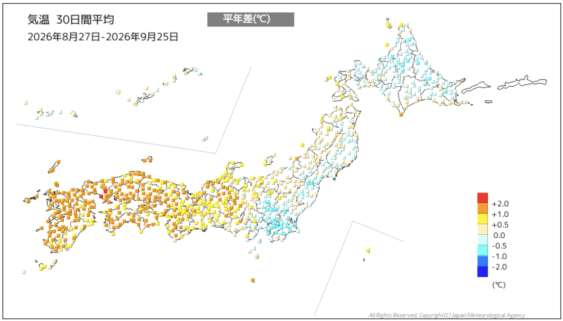 同じ30日間の平均気温の平年差。関東を中心に平年より0.5〜1℃低く、西日本では1〜2℃高い地点が広がった