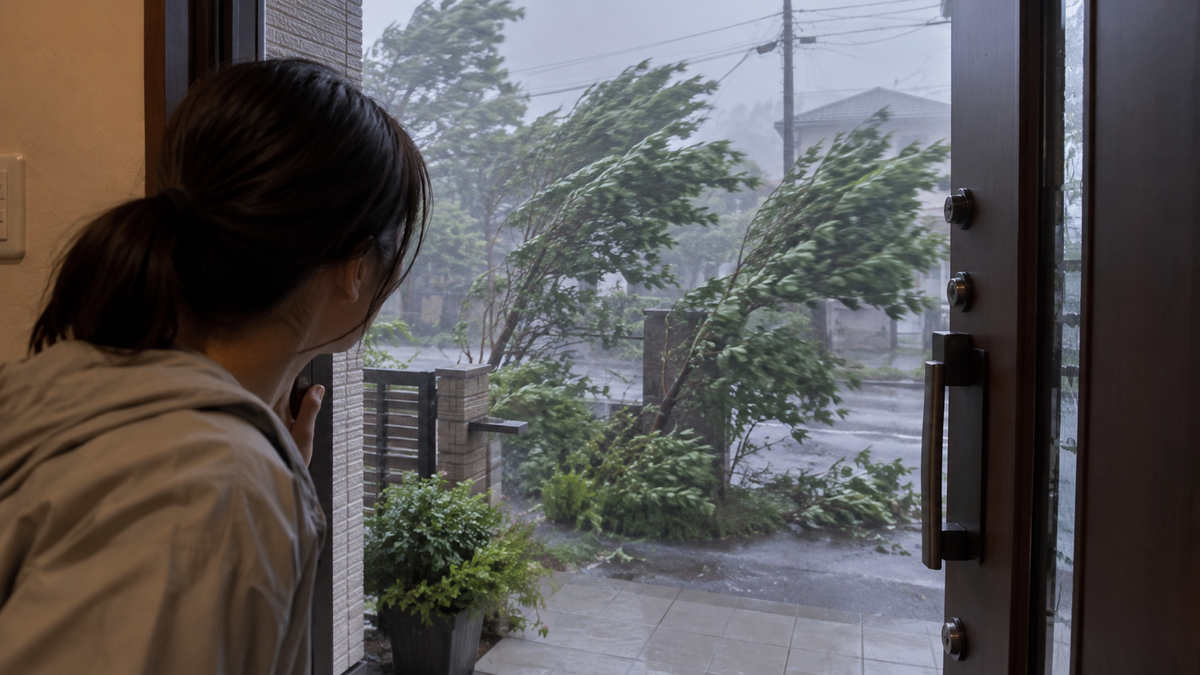 台風通過後と思って外へ出ようとした人が、まだ強く揺れる木々を見て立ち止まる場面