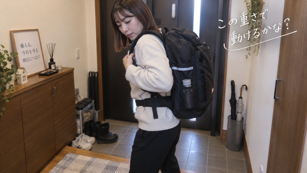 玄関で防災バッグを背負い、動きやすさと重さを確かめる