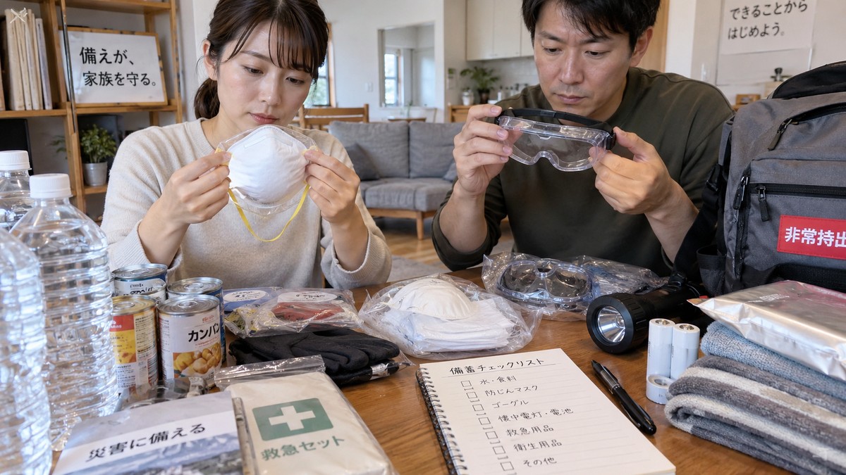 家庭で備蓄、防じんマスク、ゴーグルを点検する