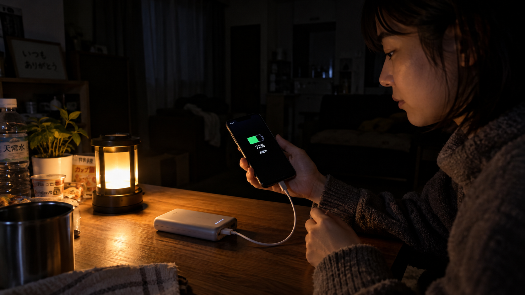 停電中、モバイルバッテリーにつないだスマホの残量を確認する場面