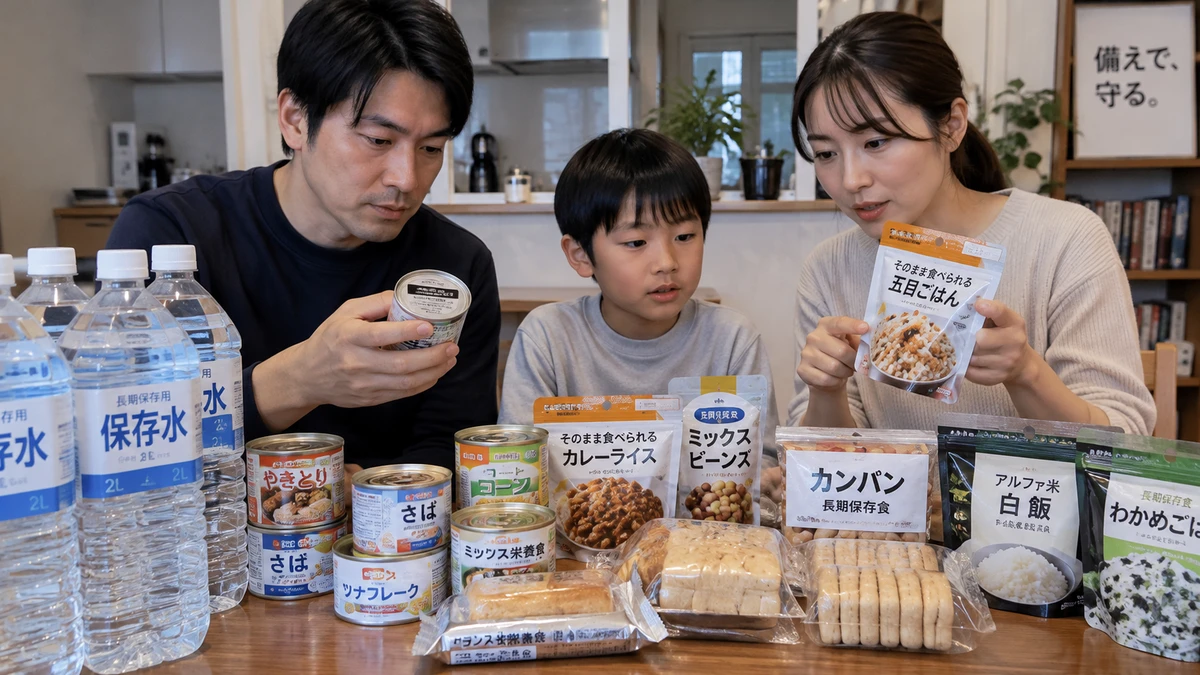 備蓄食品と水を食卓に並べ、加熱せず食べられる食品を確認する