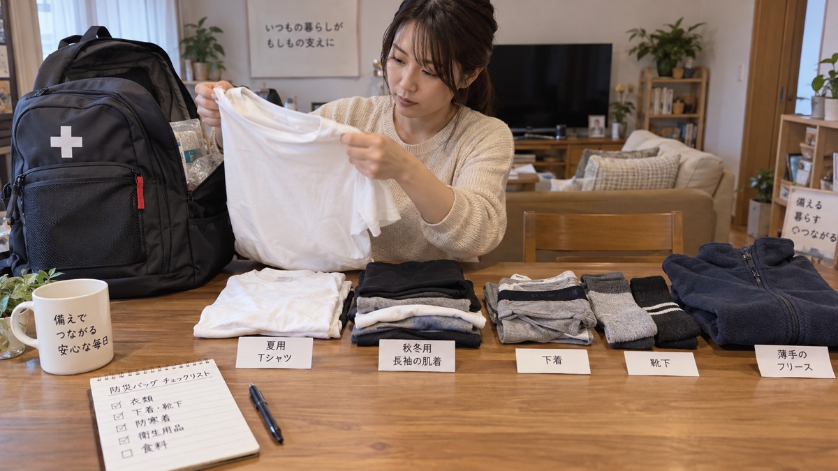 防災バッグを開き、夏用と秋冬用の衣類を広げて点検する