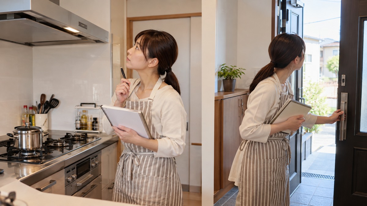 自宅の台所と出入口を確認する場面