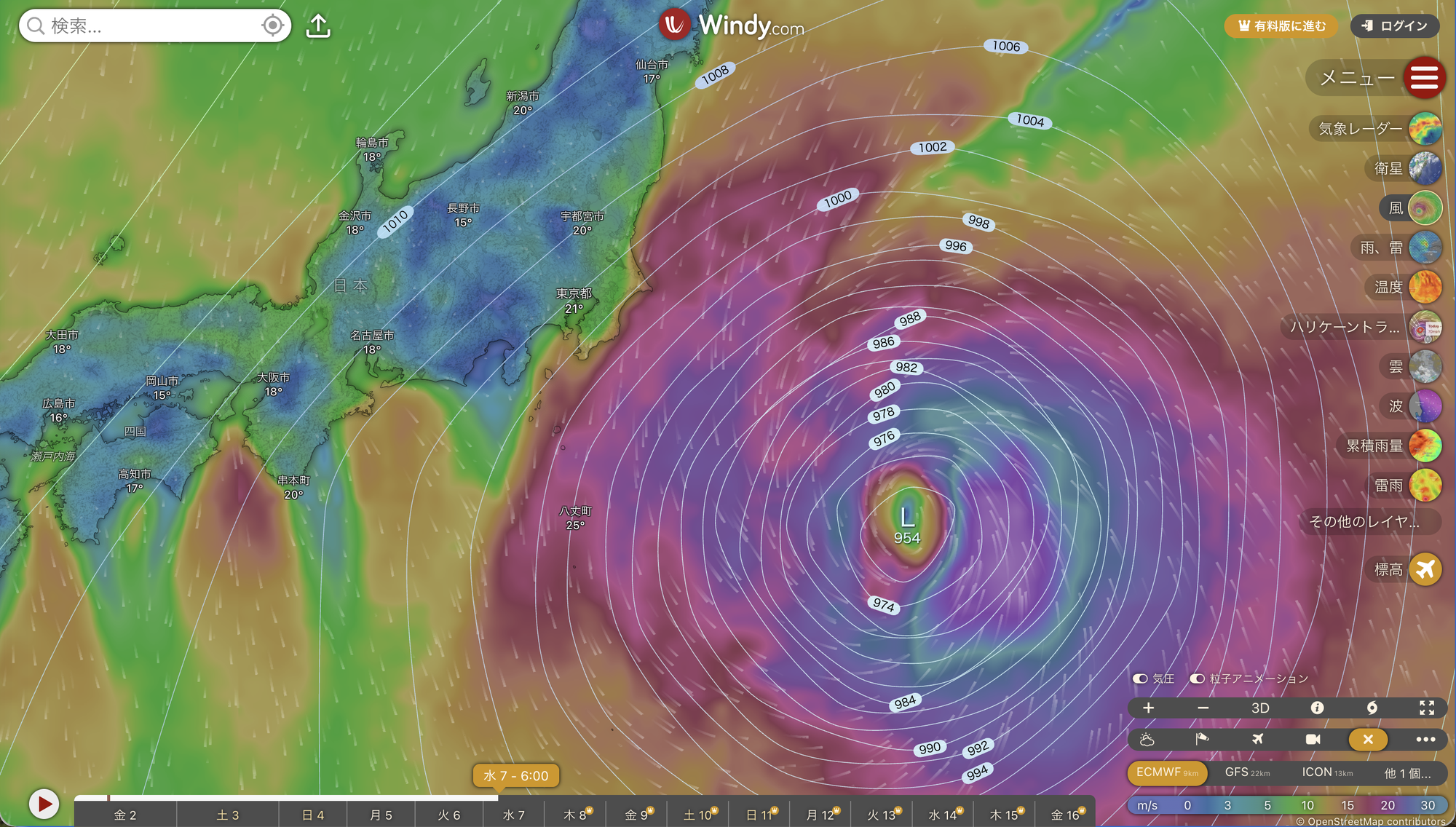 ECMWFの地上付近の風：10月7日6時の予想（単位はm/s）。