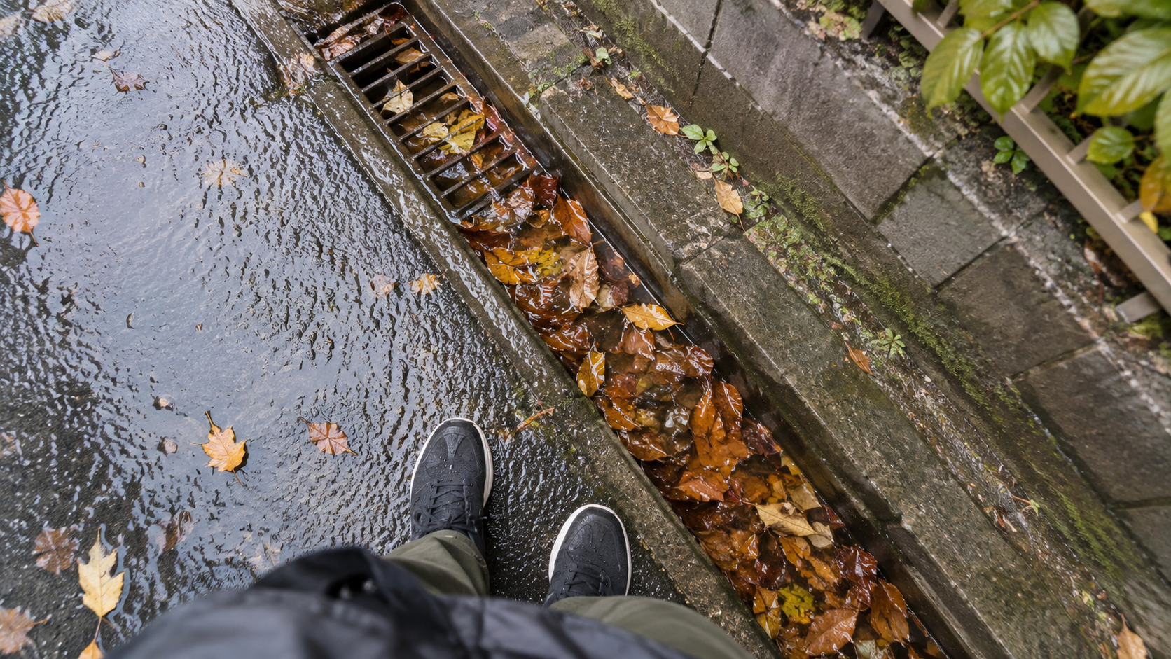雨上がりに落ち葉が詰まった側溝を確認する場面
