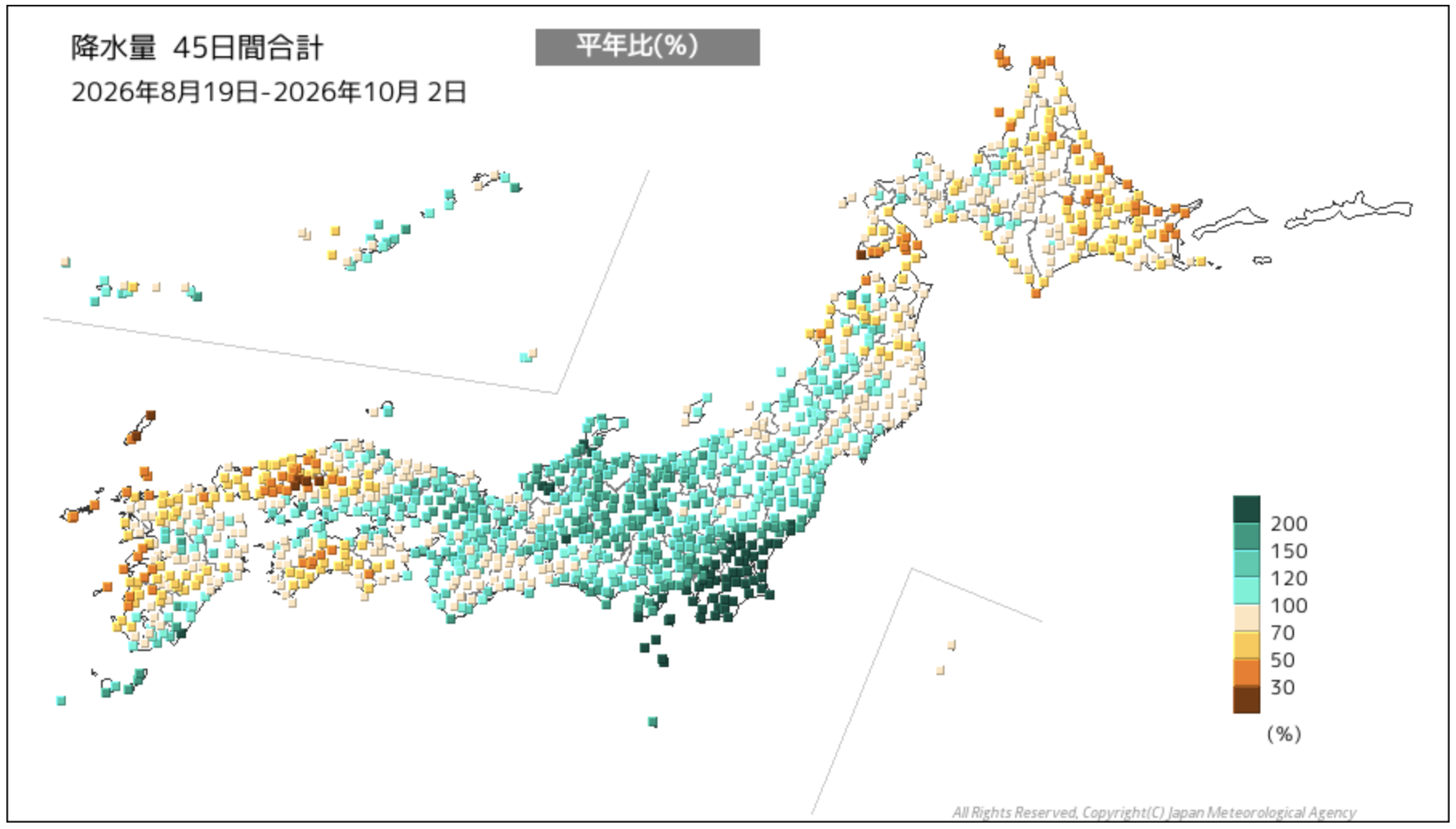 2026年8月19日から10月2日までの45日間の降水量の平年比