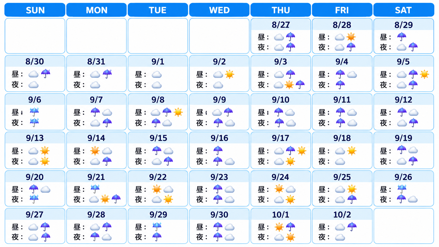 2026年8月27日から10月2日までの東京の昼と夜の天気概況を表したカレンダー
