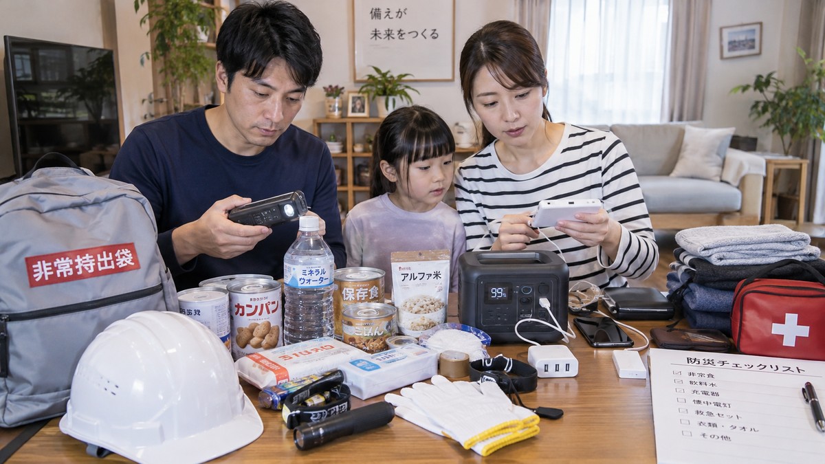 非常用品と充電した防災用品を屋内で確認する
