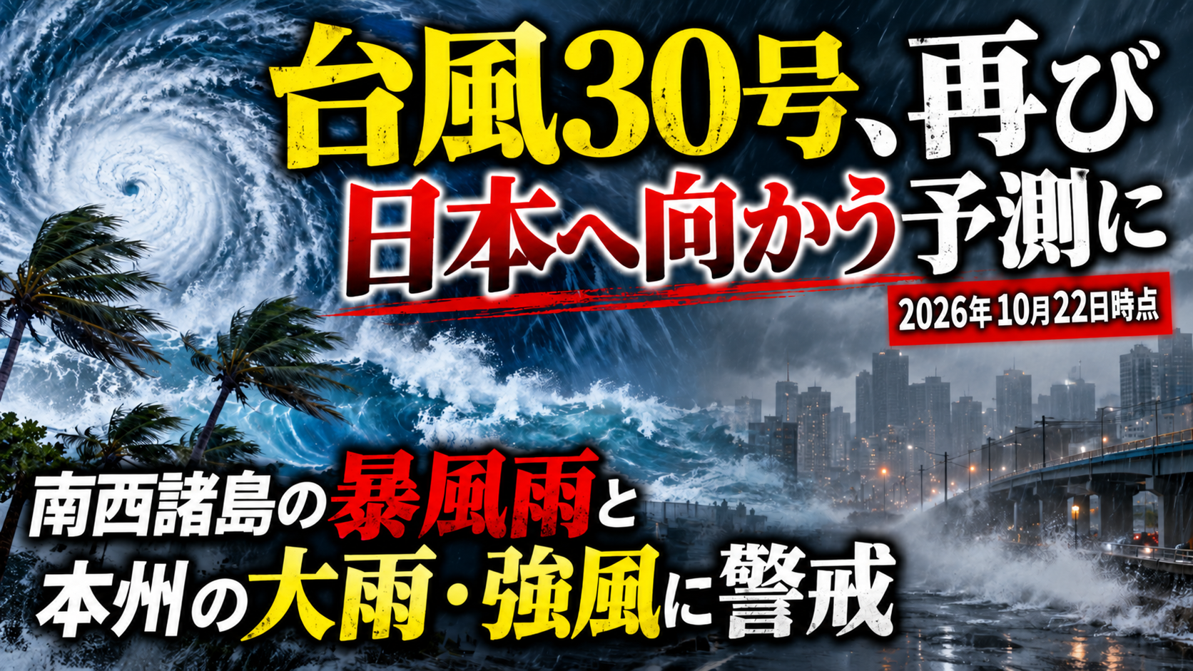 台風30号、再び日本へ向かう予測に　南西諸島の暴風雨と本州の大雨・強風に警戒（2026年10月22日時点）