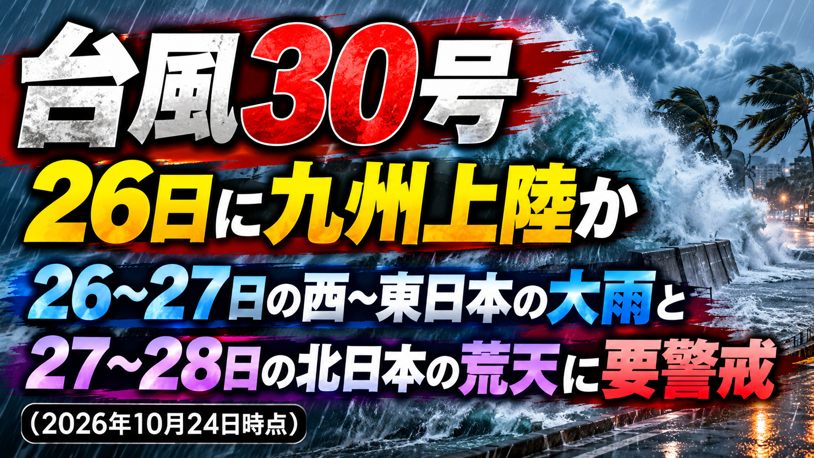 台風30号、26日に九州上陸か。26〜27日の西〜東日本の大雨と、27～28日の北日本の荒天に要警戒（2026年10月24日時点）